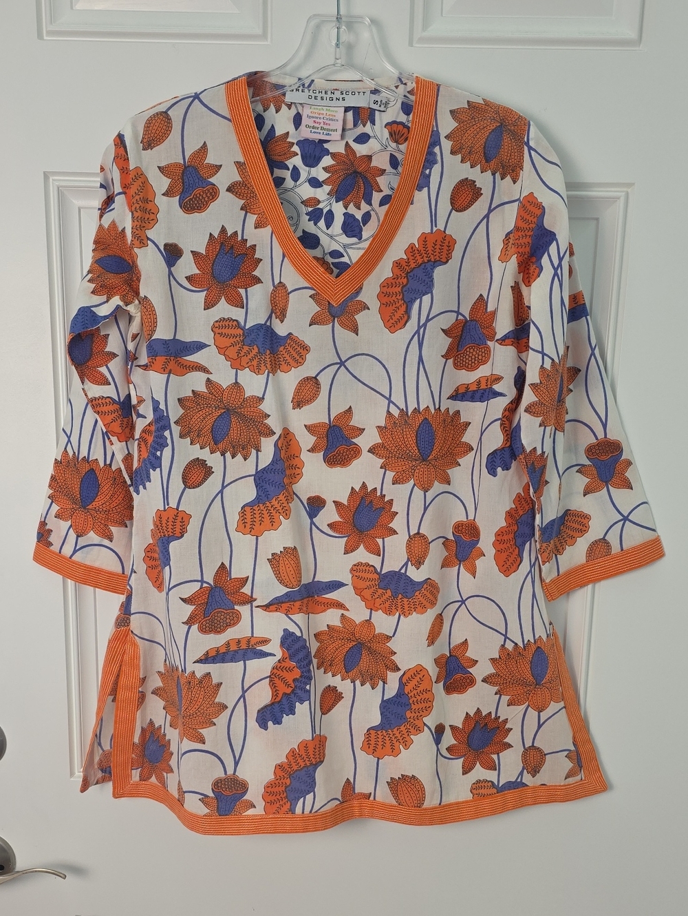 Gretchen Scott Designs Orange and Blue Floral V-Neck Tunic.  Size Small